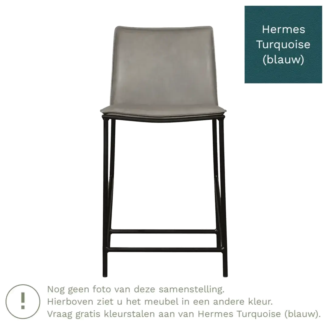 afbeelding van Leren barkruk laag Favor - Hermes Turquoise (blauw) - poten staal rond zwart